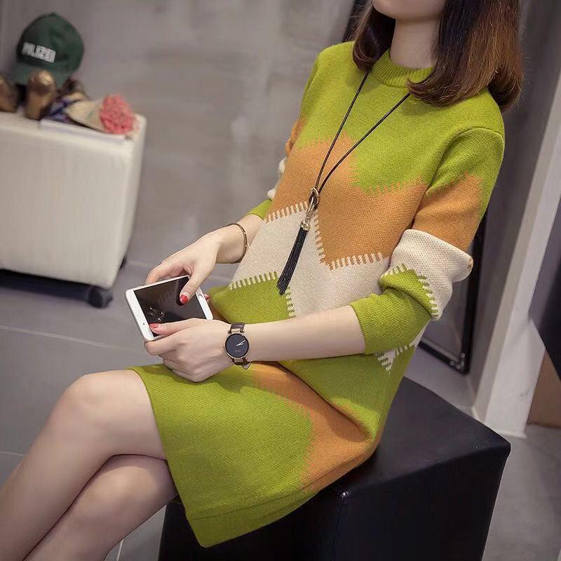 Mid-length Pullover Sweater Women All-mach Loose Large Size Thick Knitted Sweater dress Autumn Winter