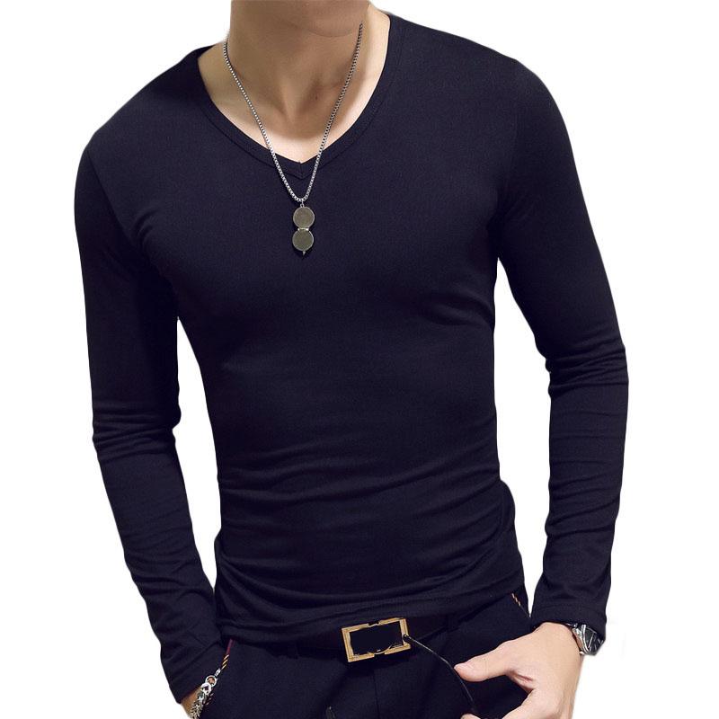 Men Slim Shirts Stretch Tees Slim Pullovers Casual Bottoming T-shirt Long Sleeves Overshirt Solid Color Top V-collar Clothing
