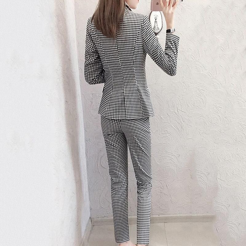 Spring and Autumn Black and White Professional Plaid Suit Suit Women's Temperament Long-sleeved Suit Pants Two-piece Set