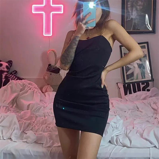 Chain Sling Dress Female Self-cultivation Was Thin Temperament Nightclub Wind Bag Hip Skirt Pure Color