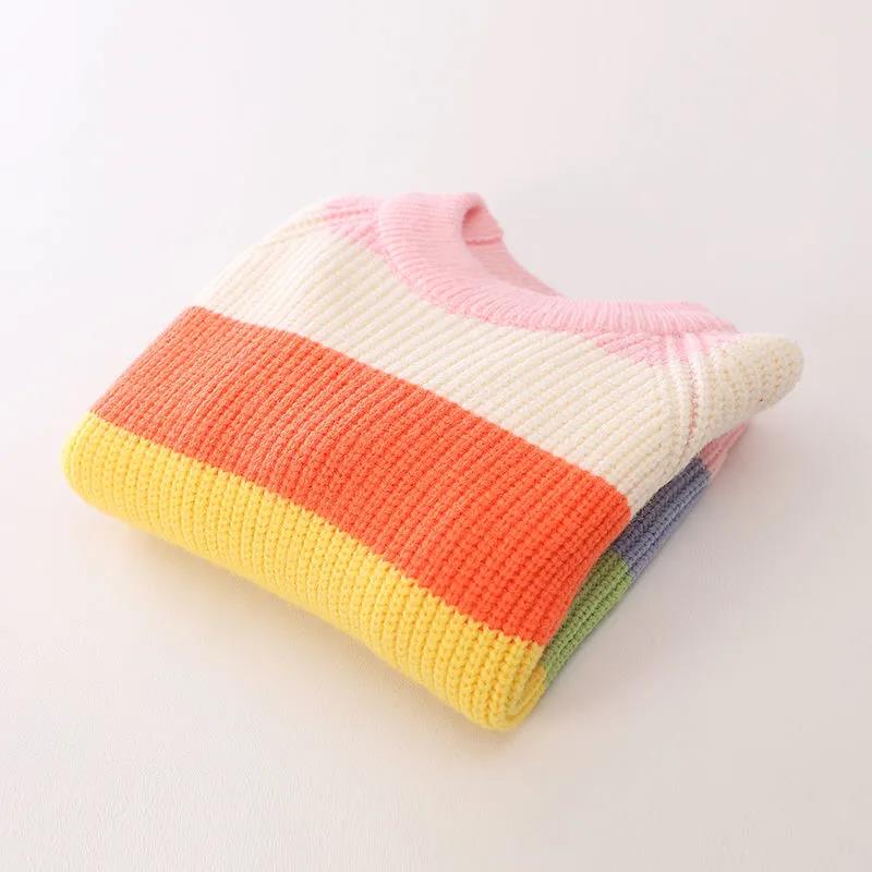 2021 Autumn and Winter New Children's Sweater Rainbow Stripe Girls Sweater Cashmere Fluffy Warm Knitted Sweater