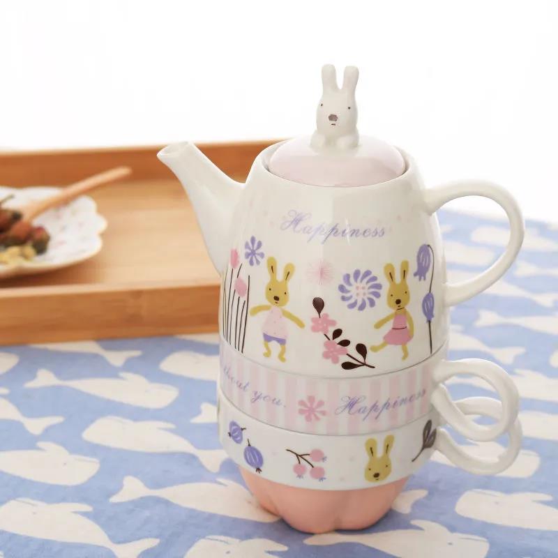 Japanese Cartoon Sugar Rabbit One Pot and Two Cups Ceramic Tea Set Set Afternoon Tea Flower Teapot Fruit Tea with Filter