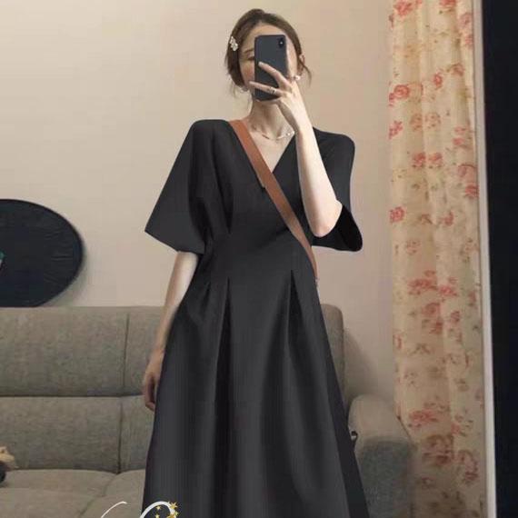 Female Summer Simple and Elegant Dress Slim High Waist V-neck Party Graceful Dress