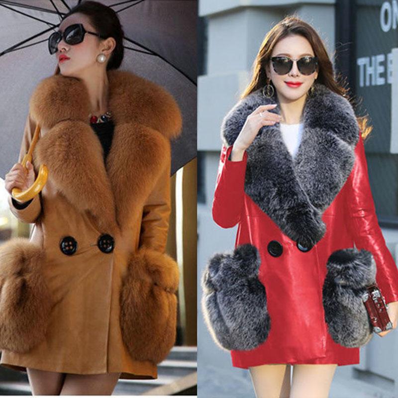 Winter Women's Mid-length Leather Jacket Plus Cotton and Velvet Warm Fur Coat with Faux Fox Fur Collar Windproof Leather Trench Coat Plus Size S-7XL