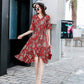 Fashion Summer Cotton Drawstring Dress Medium-length Floral Dress Belt Flare Sleeve Irregular Dress