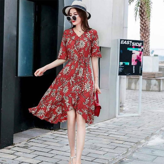 Fashion Summer Cotton Drawstring Dress Medium-length Floral Dress Belt Flare Sleeve Irregular Dress