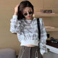 Women's Retro Tie Dye Sweater Loose Thin Lazy Style Short Long Sleeve Top Cropped Navel Statement Top Athletic Girl Pullover Dark Sweatshirt