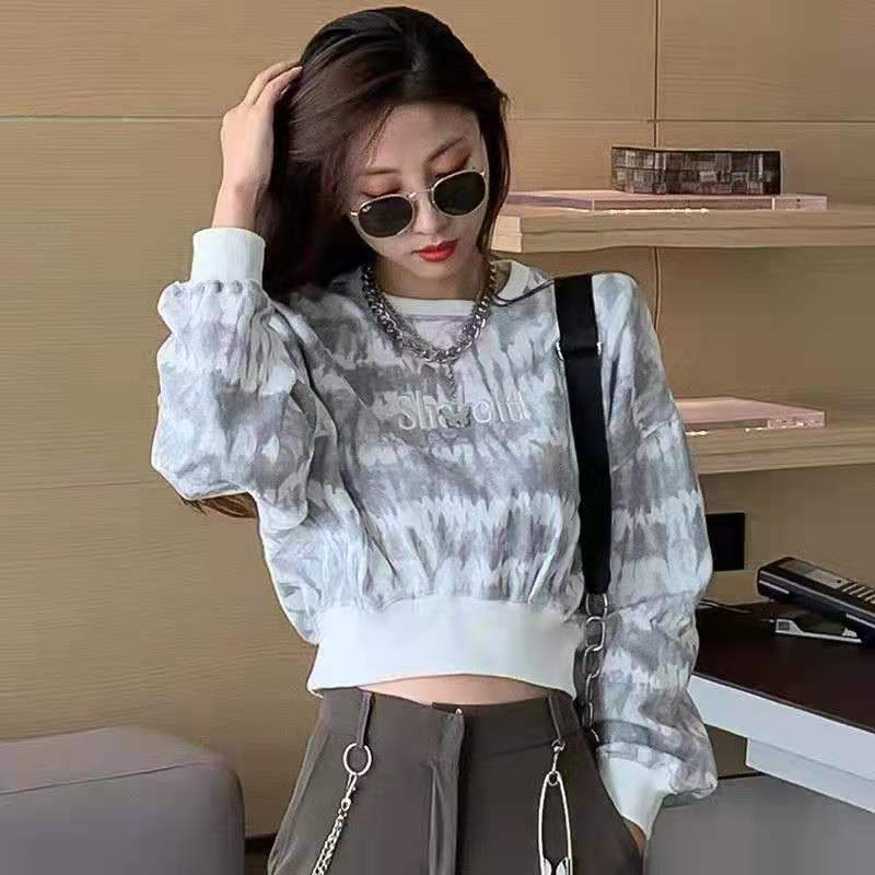 Women's Retro Tie Dye Sweater Loose Thin Lazy Style Short Long Sleeve Top Cropped Navel Statement Top Athletic Girl Pullover Dark Sweatshirt