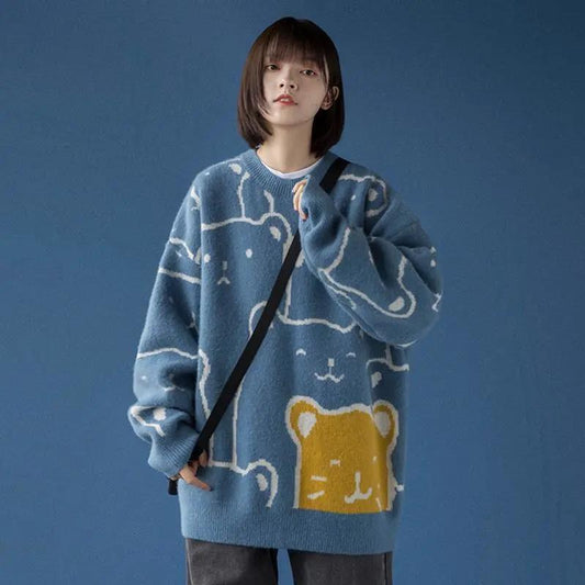 Autumn and Winter Women's Sweater Korean Loose Cartoon Print Pullover Cute Knitted Top