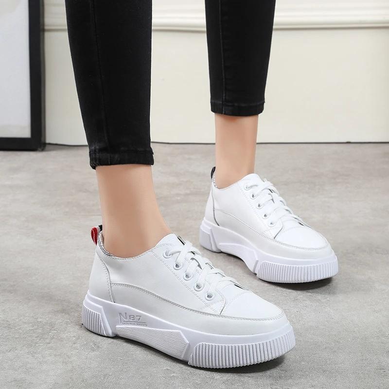 Female Leather White Shoes Spring and Summer Female Students Flat Bottom Shoes Casual Shoes White Shoes Walking Tall Shoes