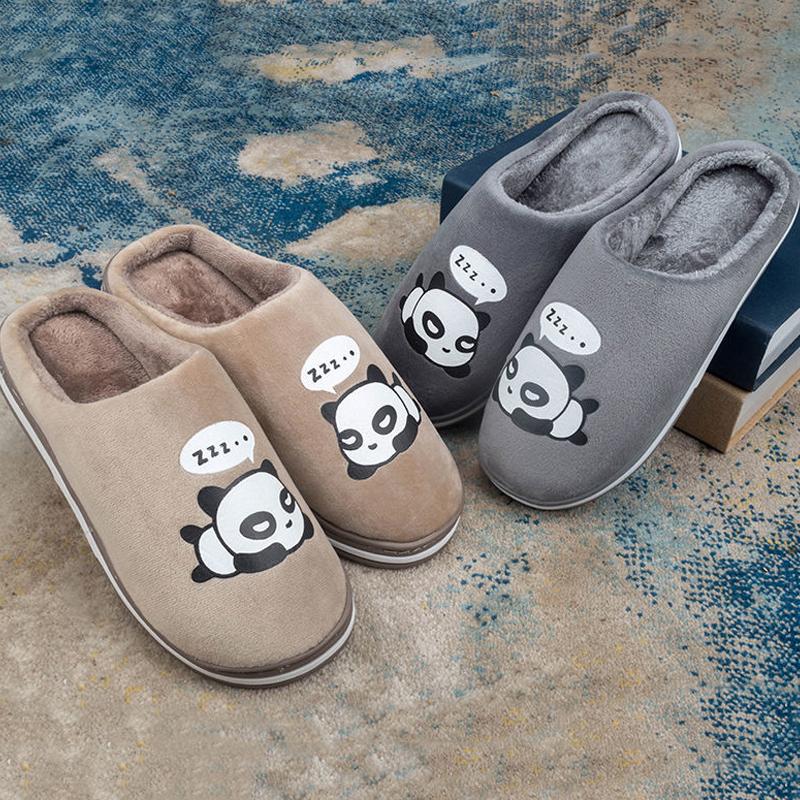 Winter Slippers Women Warm Cotton Shoes Panda Printed Funny Pink Girl Slippers Thick Fleece Men Plus Size Blue Slides Home Couples Slipper Non Slip