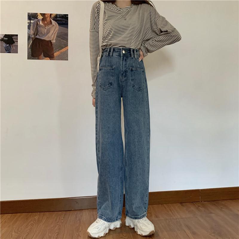 Wide Leg High Waist Hong Kong Flavor Jeans Female Korean Version Loose Spring and Autumn Retro Straight-leg Pants Trendy Thin and Wild High Trousers