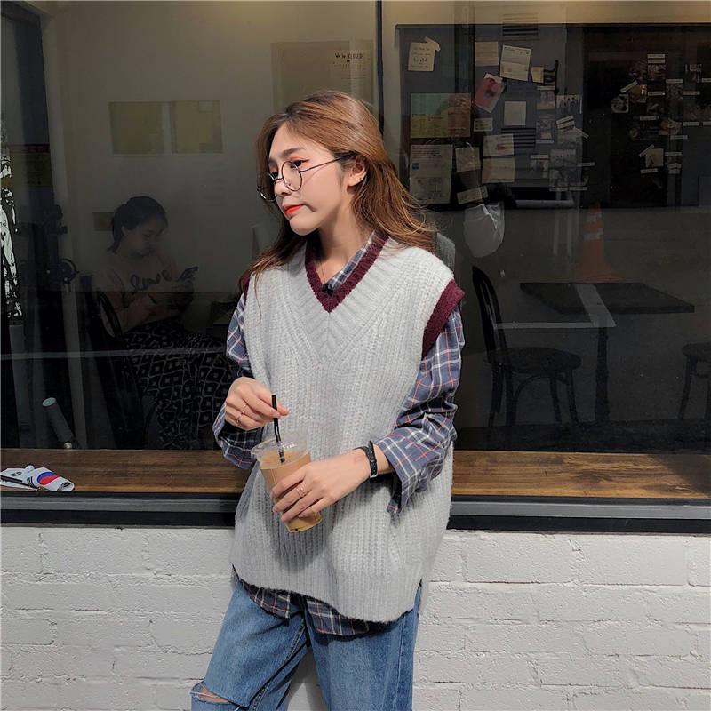 Pofulove Spring Autumn Korean Vest Knit Sweater V-neck Loose Vest Sweater Female Students Lazy Top