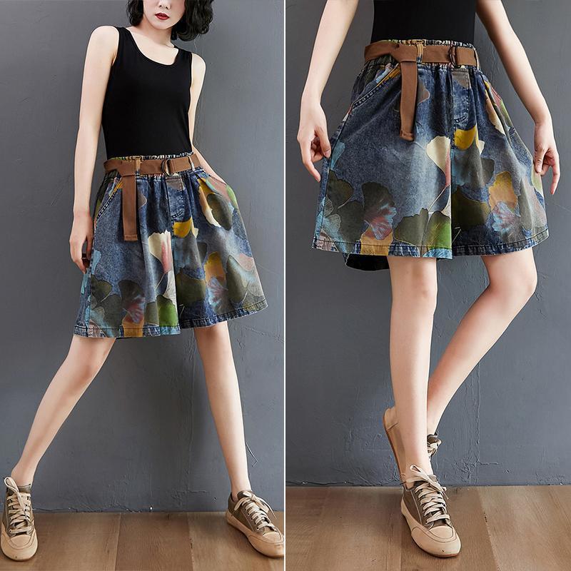 WTEMPO Women's Plus Size Retro Print Denim Shorts High Waist Look Thin Loose Wide Leg Shorts