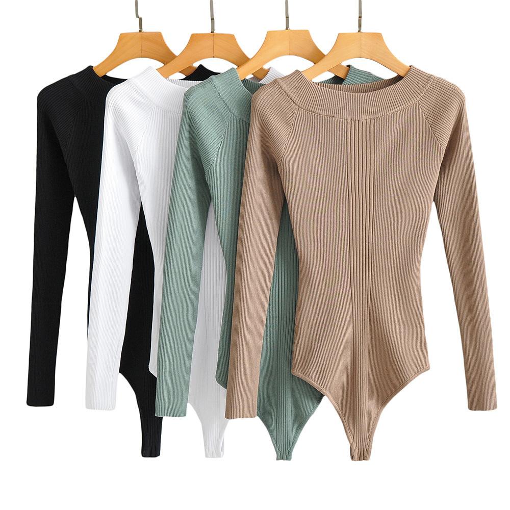 Ladies Sexy Off Shoulder Knitted Bodysuit Women Fashion Streetwear Casual Slash Neck Playsuit Solid Long Sleeve Bodycon Spring Skinny Jumpsuit