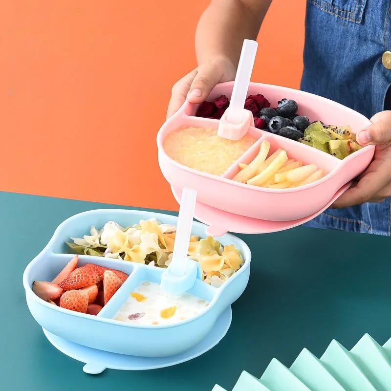 Baby Dinner Plate Baby Food Supplement Tool Complete Set of Children's Dinner Plate, Grid Eating Set All Silicone Tableware with Suction Cup