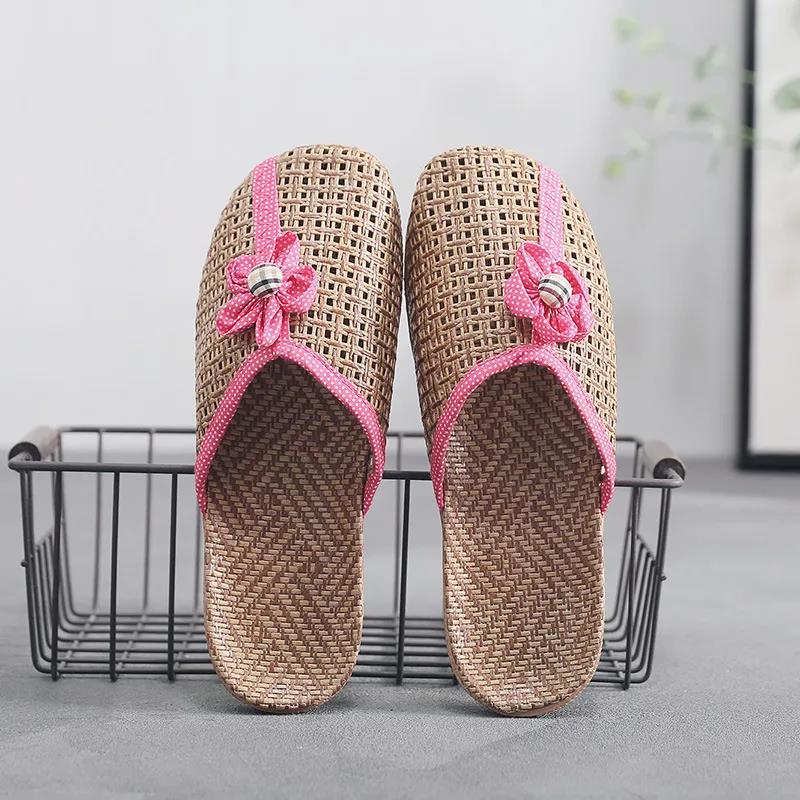 Summer Indoor Home Sandals and Slippers Non-slip Linen Summer Men and Women Couples Home Wood Floor Subgrass Woven Shoes