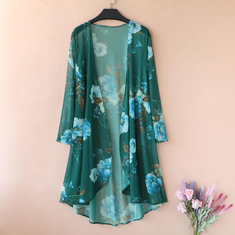 Women's Sun-Dress 1pcs Chiffon Cardigan Flowers Sun Protection Clothing Mid-length Plus Size Loose Outer Thin Coat Beach Air-conditioned Rooms