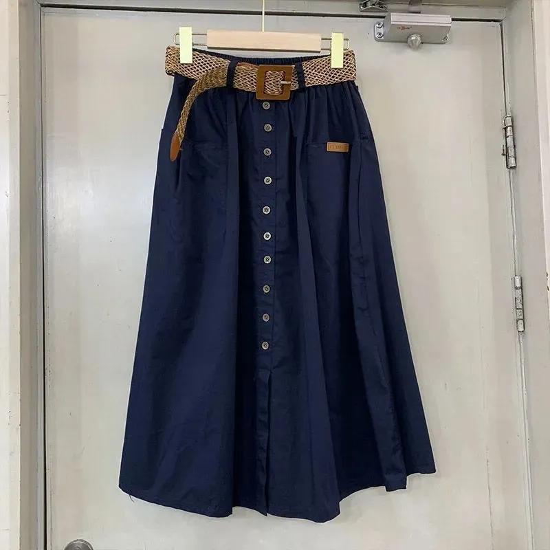 Woman Skirts Washed Cotton Skirt Female Summer High Waist Buttons A-line Skirts All-match Thin Calf-length Sashes Skirt