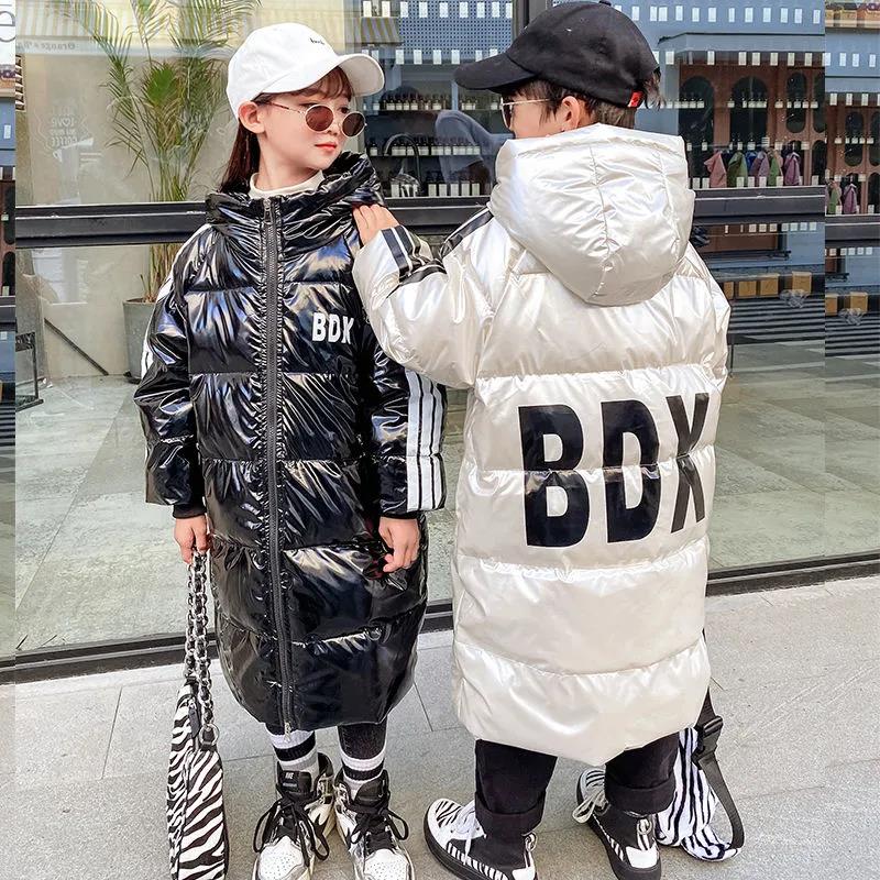 Children's White Duck Down Warm Down Jacket Mid-length Plus Velvet Padded Over The Knee Coat Winter