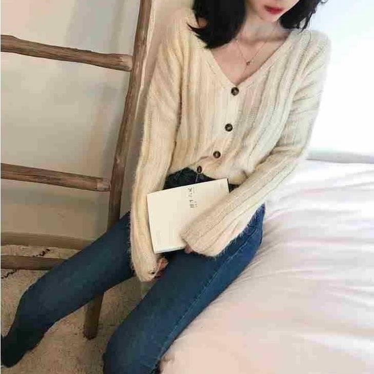Autumn and winter new women's knit cardigan V-neck long-sleeved sweater female feather yarn shirt