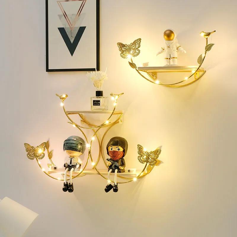 Double Layer Storage Rack Metal Wood Punch-free Shelf Flower Bird Modeling Display Stand with Light Strip
