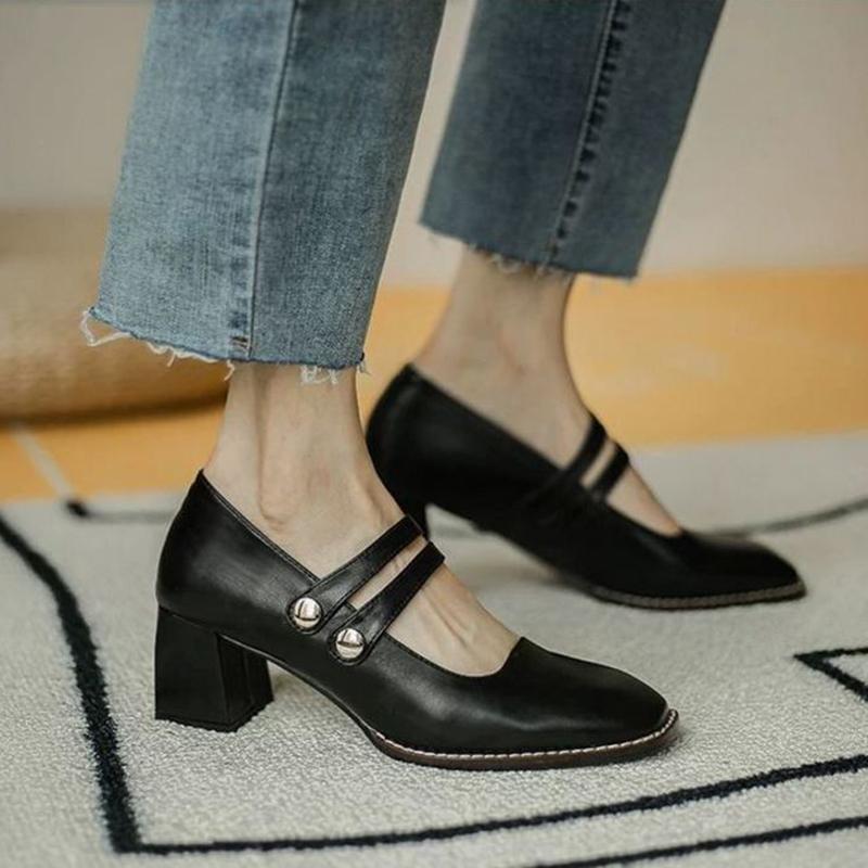 Single Shoes Women's Autumn One-step Thick Heel Casual Sweet Shallow Mouth Square Toe All-match Mary Jane Shoes Women