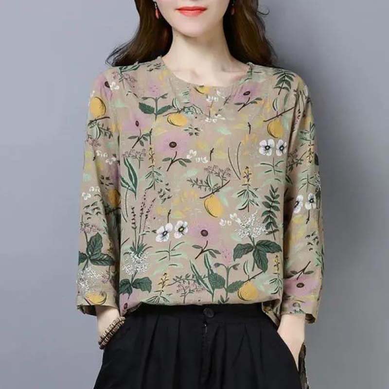Spring and Autumn Round Neck Long-sleeved T-shirt Women's Floral Loose Top Mother's Clothing