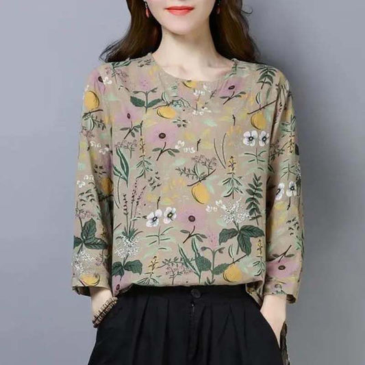Spring and Autumn Round Neck Long-sleeved T-shirt Women's Floral Loose Top Mother's Clothing