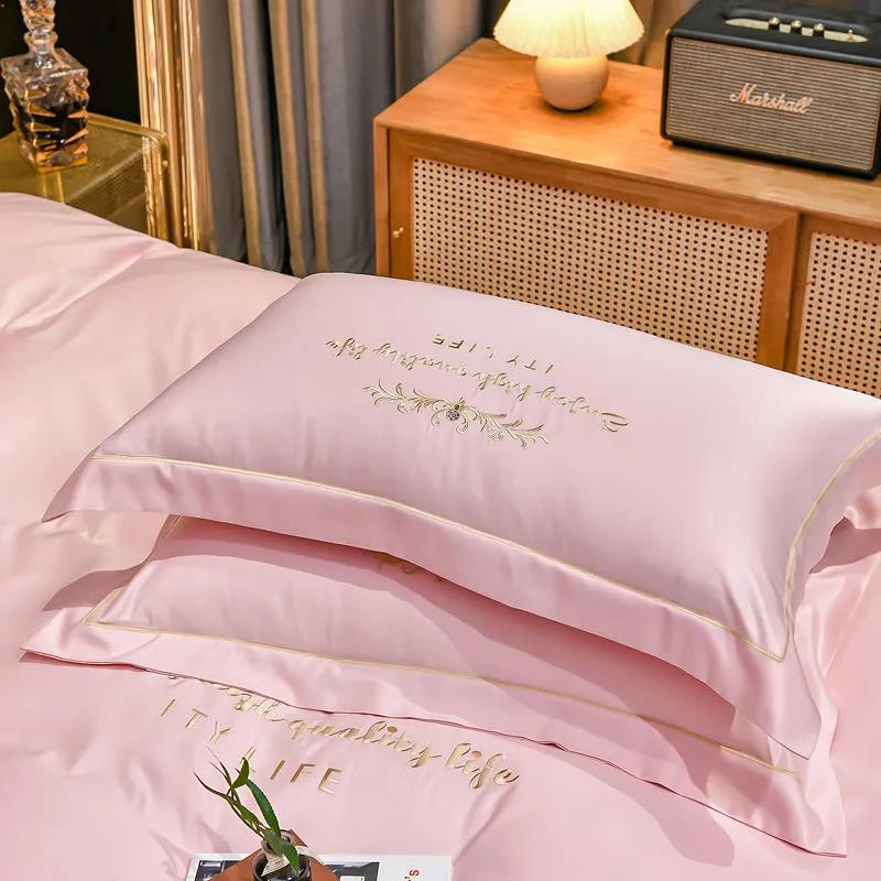 Silk Pillowcase Pair Set Simple Embroidered Double Sided Pillowcase Washable Silk Double Pillowcase