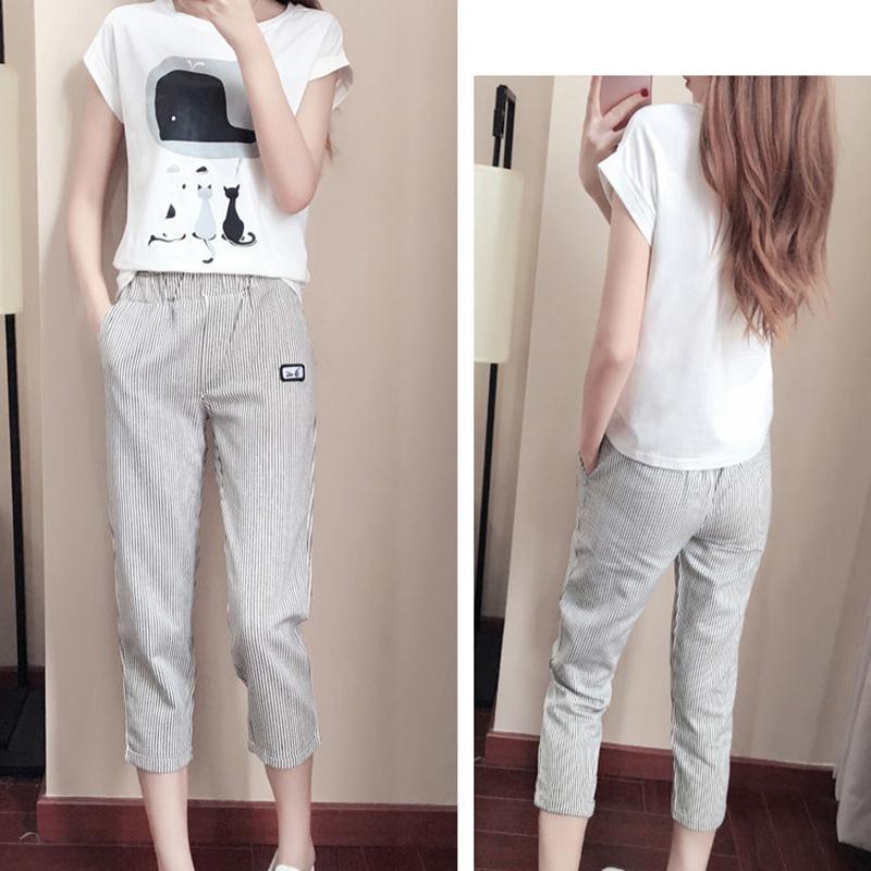 Suit Women Summer Wild Loose Short-sleeved T-shirt + Seven-point Casual Pants Two-piece Casual Suit Women's Home Service Sports Suit