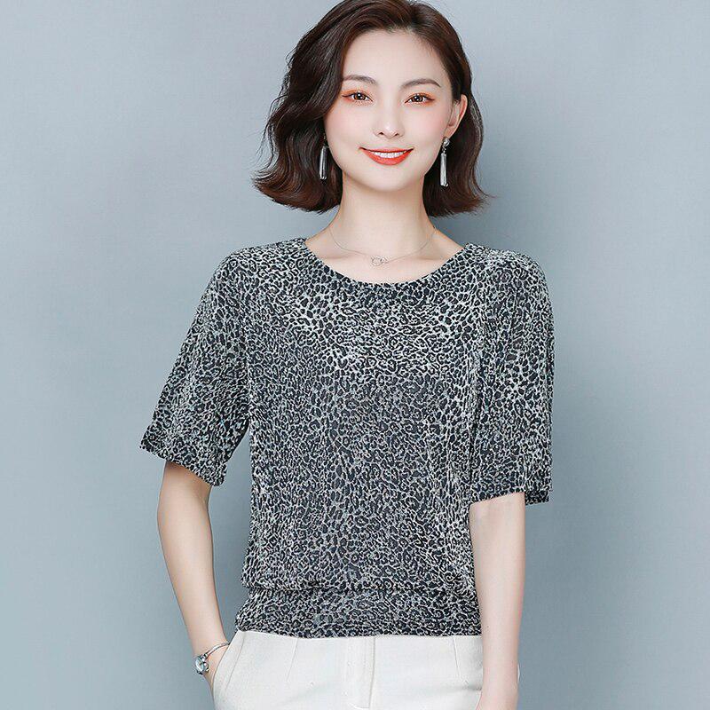 Women's Leopard Print Short Sleeve T-Shirt Summer Large Size Loose Round Neck Top
