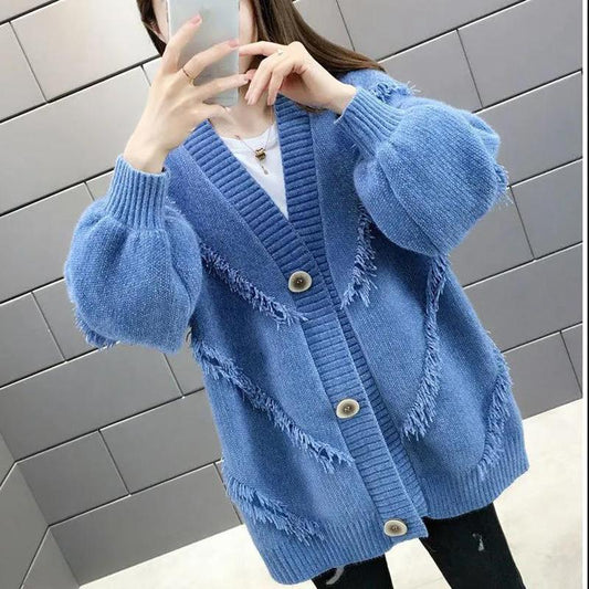 Mink Fleece Solid Color Sweater Coat Loose Knit Cardigan Top V-neck Long-sleeved Warm Sweater Coat Soft and Comfortable