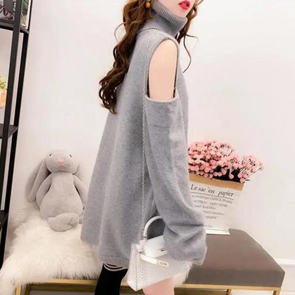 Off-the-shoulder High-neck Careful Machine Sweater Women Autumn and Winter Loose Tops, Fashionable Casual Coat