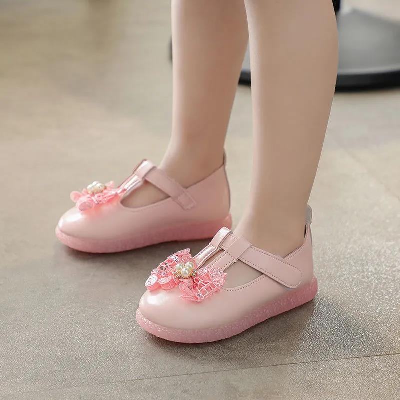 Girl's Bowknot Velcro Soft Soled Pink Single Breathable Shoes Girls' Non Slip Hollow Out Light Princess Shoes