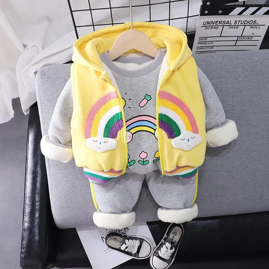 Girls' Fall Winter Three-piece Suit with Velvet and Thickening Baby and Children Sweater Baby Girl Printing Rainbow Style Winter Cotton Dress