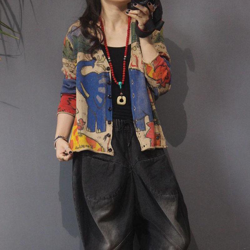 Vintage Ethnic Printed Knitted Cardigan Women Loose Large Size Wild Knitted Sweater Coat Jacket