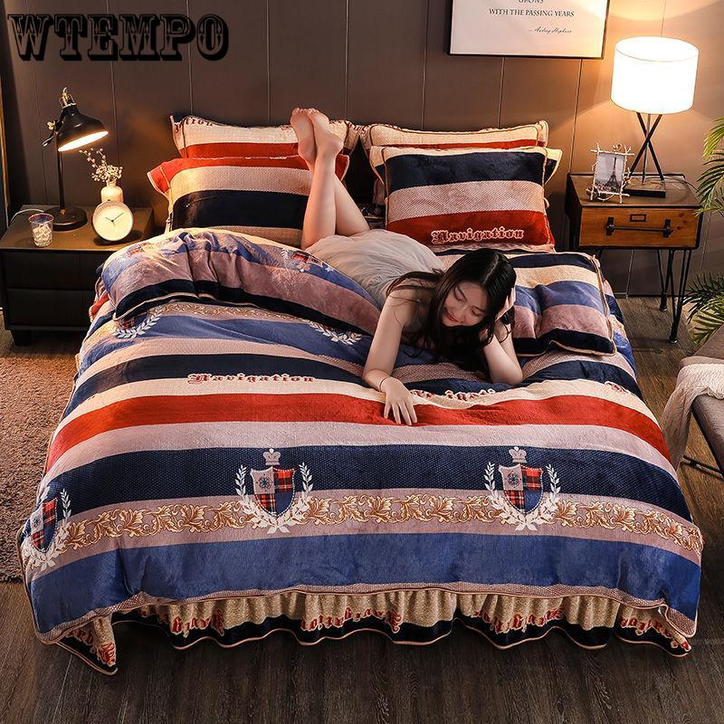Flannel Soft Comfortable Bedding Set Duvet Cover Flat Sheet 4pcs Home Bedclothes Bed Linens