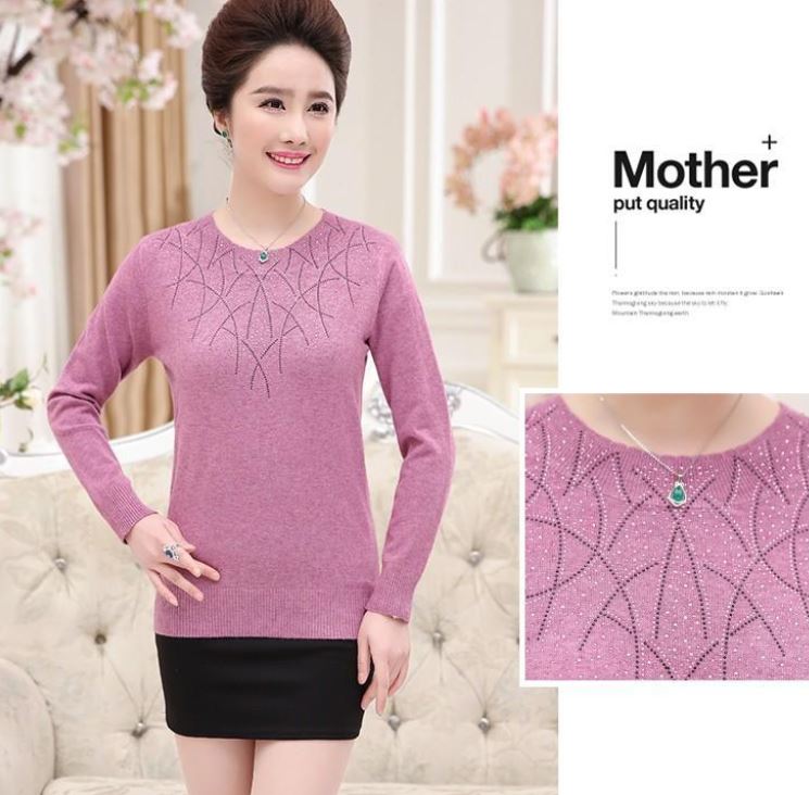 Women's Round Neck Pullover Knitwear Fashion Diamond Neckline Long Sleeve Sweater Large Size Loose Sweater