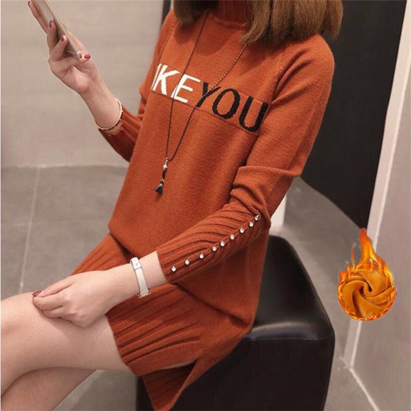 Plus Velvet Thick Mid-length Close-fitting Sweater for Female Students Loose-fitting Half-high Neck Sweater Skirt Knitted Bottoming Shirt