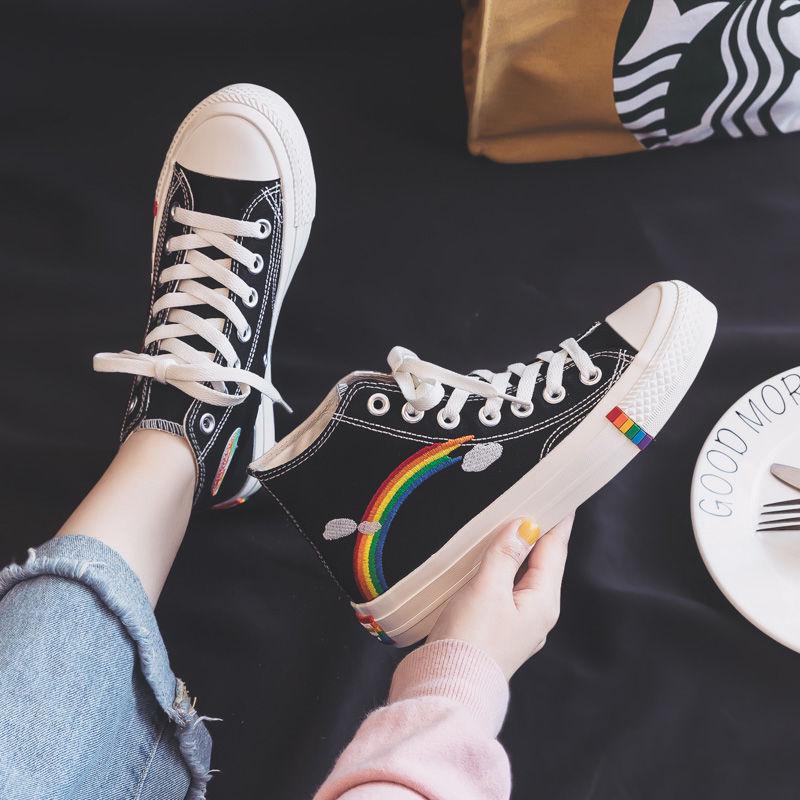 Women's Fashion  Vulcanized Shoes Woman Sneakers New Rainbow Retro Canvas Shoes Flat Fashion Comfortable High Shoes Women
