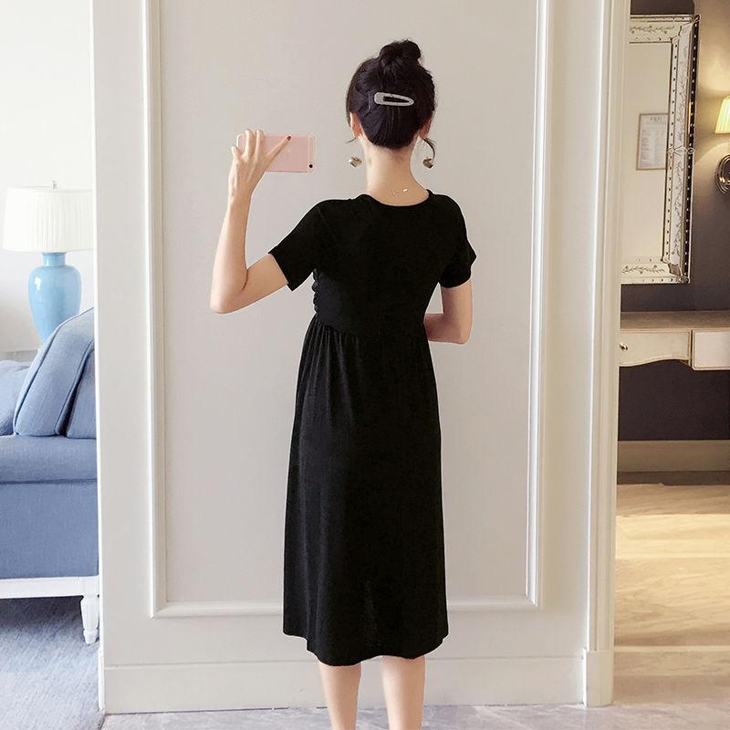 Maternity Clothes Short Sleeve Dress Mid-length Loose Plus Size V-Neck High Waist Over The Knee Skirt