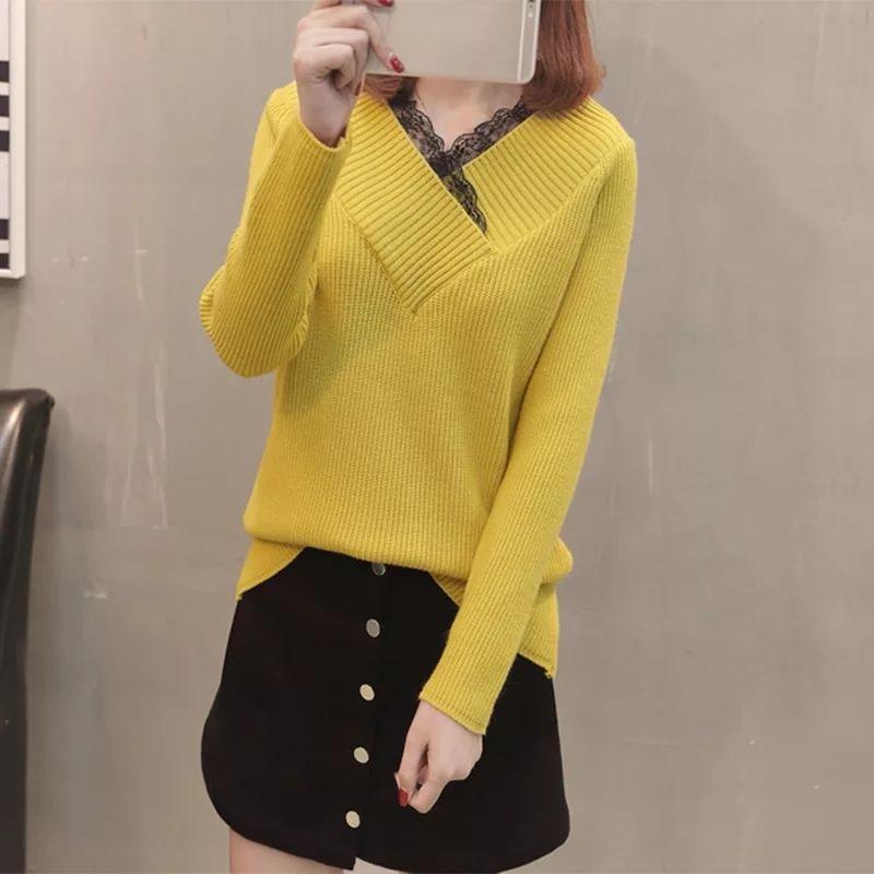 Autumn and Winter Lace V-neck Top Thickened Long-sleeved Knitted Sweater Loose and Versatile Women's Bottoming Shirt