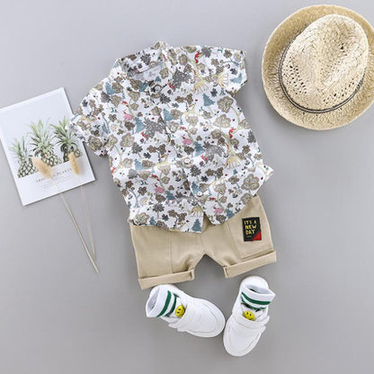 Children's Clothing Boys' Middle and Small Children's Set 1-4 Year Old Baby Stand Collar Leaf Animal Shirt Shorts Suit