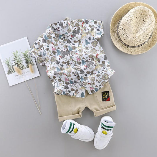 Children's Clothing Boys' Middle and Small Children's Set 1-4 Year Old Baby Stand Collar Leaf Animal Shirt Shorts Suit