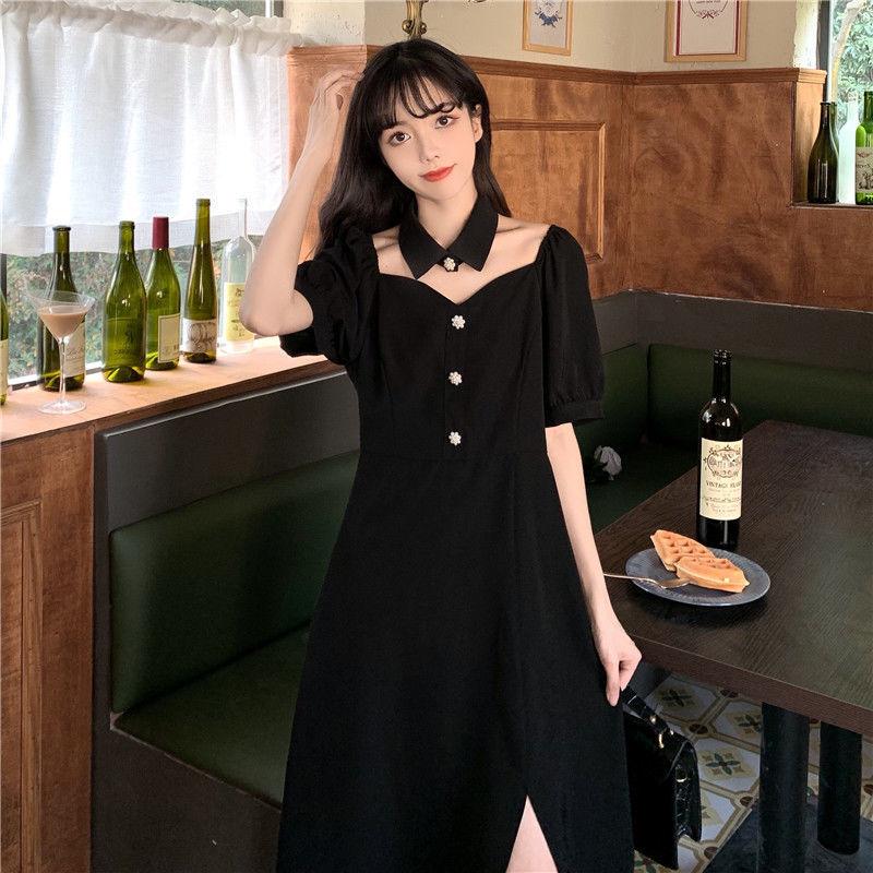Black Sexy Dress Design Sense Niche Mid-length Split Dress Female Waist Waist Is Thinner, Black Lady A-line Version Dress Waist Waist Is Thinner
