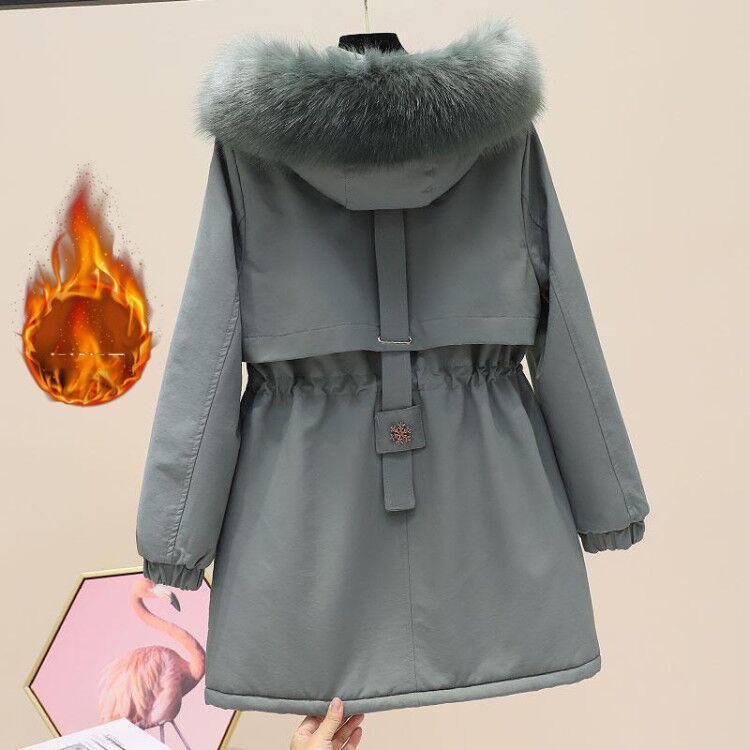 Imitation Hair Parker Overcoming Women's Mid-length Plus Velvet Thick Hooded Waist Waist Tooling Cotton-padded Jacket