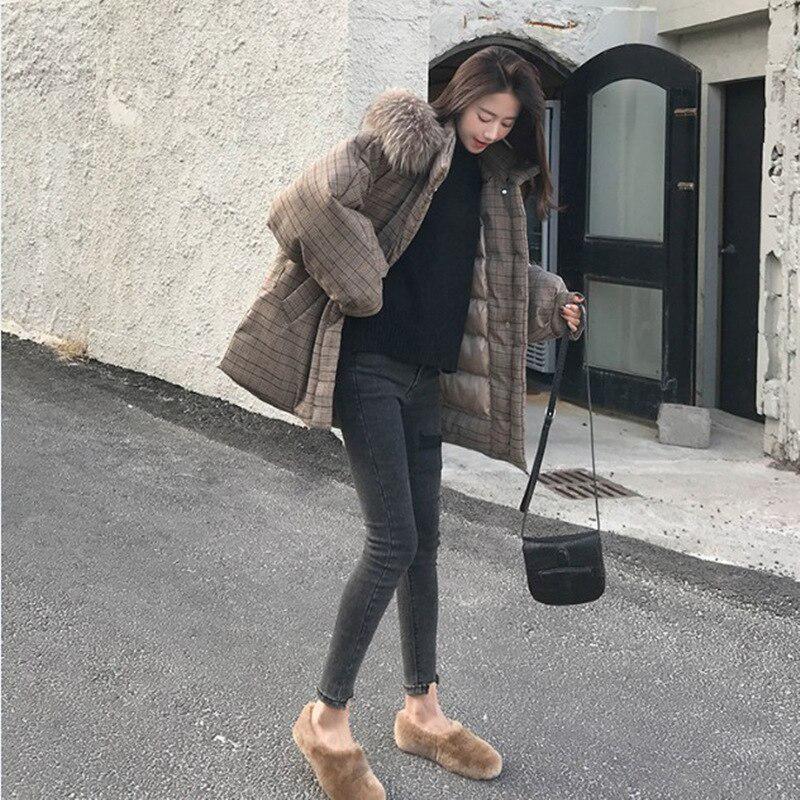 Fur Collar Women's Check Cotton Down Coat Parka Coat Plus Size Coat