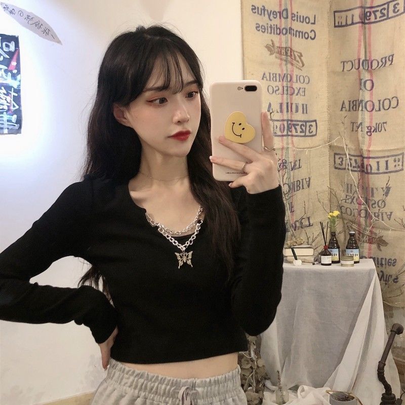 Women's Fall New Chain Butterfly Decoration Long Sleeve O-Neck Slim Harajuku Tops Female Pullover