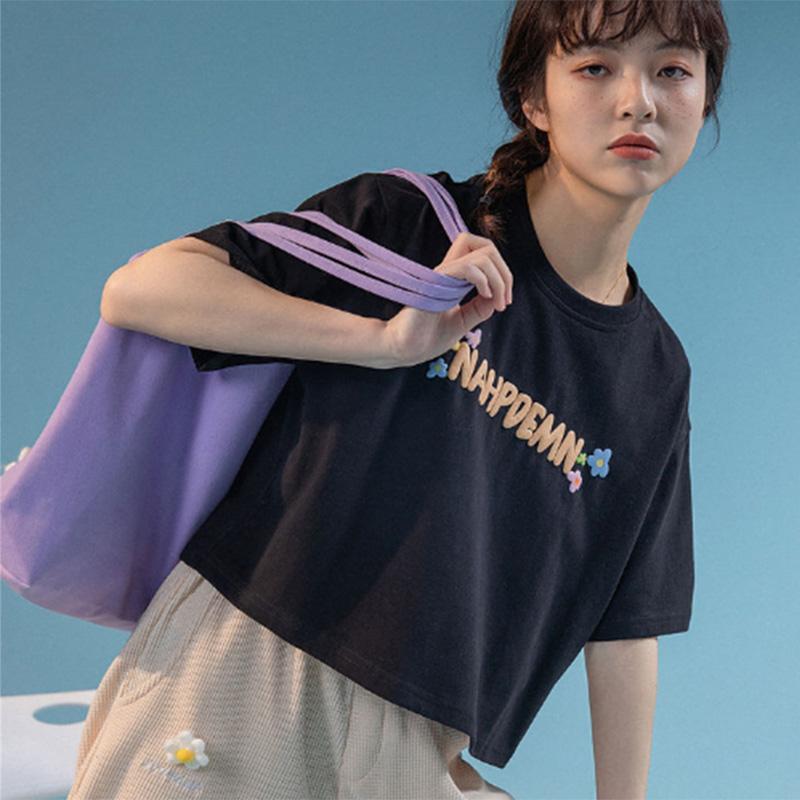 100% Cotton Short Print Short-sleeved T-shirt Women's Design Sense Summer Loose All-match Top Ins Tide